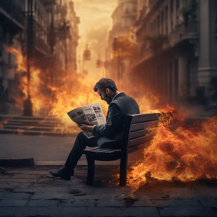 Man reading newspaper with burning city backdrop